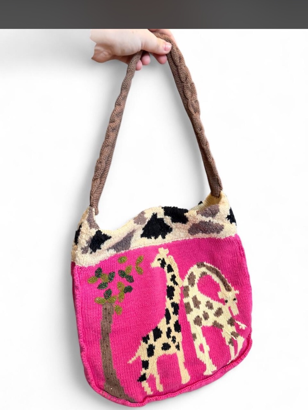 Hand-Knit Pink Giraffe Tote Bag